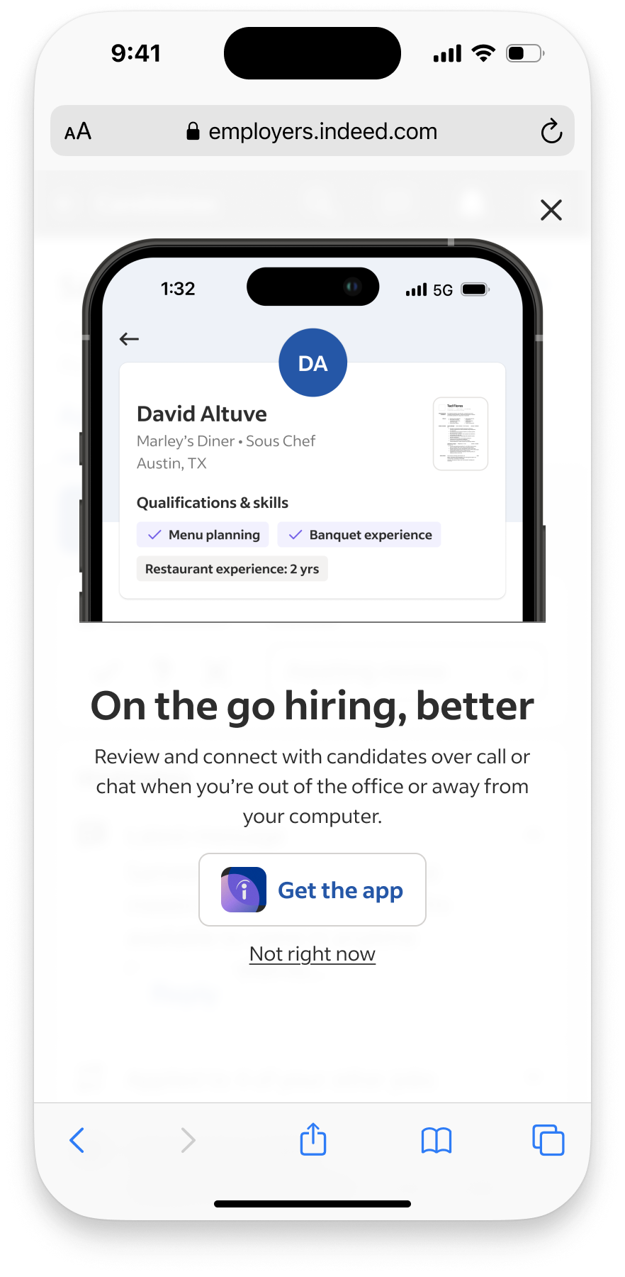 Original full-page promotion headed On the go hiring, better, with a candidate-profile preview and app download button