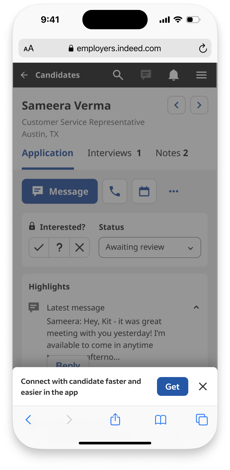 Original compact app-promotion banner at the bottom of the candidate page with a short connection benefit and Get button