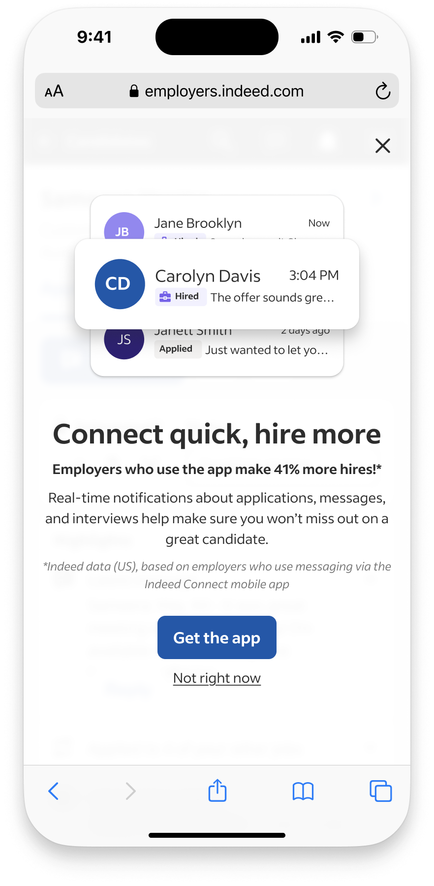 Original full-page promotion headed Connect quick, hire more, with notification examples and an existing promotional hiring claim