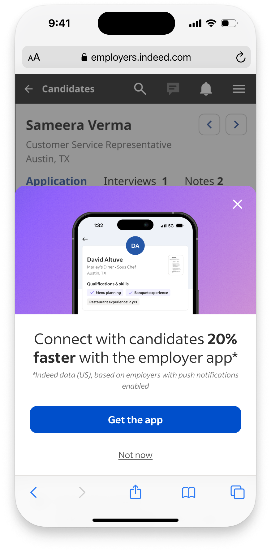 Original image-led bottom sheet with a candidate-profile preview, a faster-connection promotional claim and Get the app button