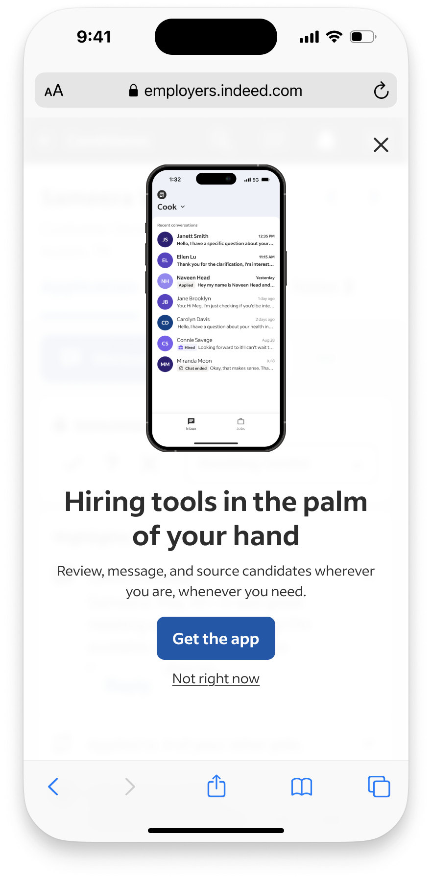 Original full-page promotion headed Hiring tools in the palm of your hand, showing the app inbox and Get the app button