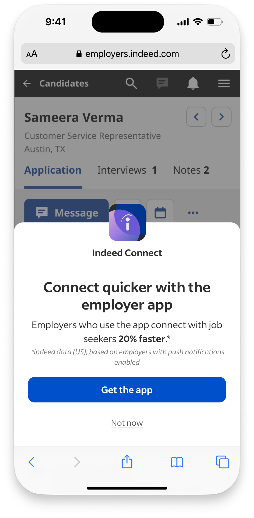 Original text-led bottom sheet headed Connect quicker with the employer app, with the app icon and Get the app button