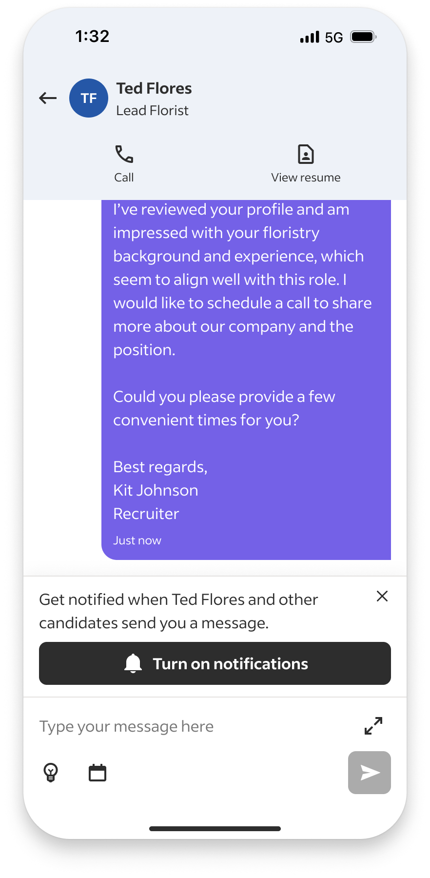 Original Indeed Connect message thread with a banner explaining that notifications alert the employer when candidates reply
