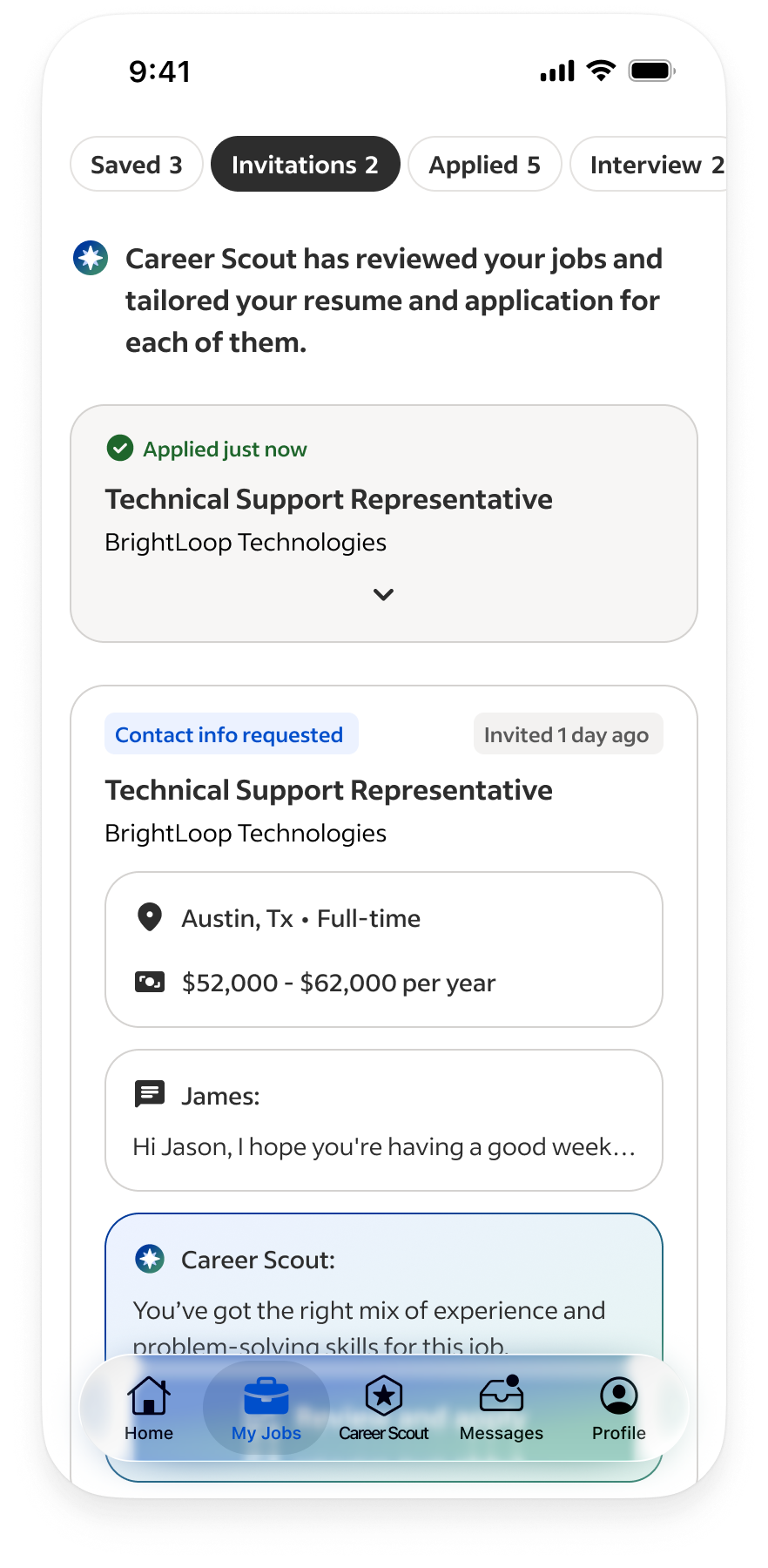My Jobs shows an Applied just now confirmation above the remaining employer invitation