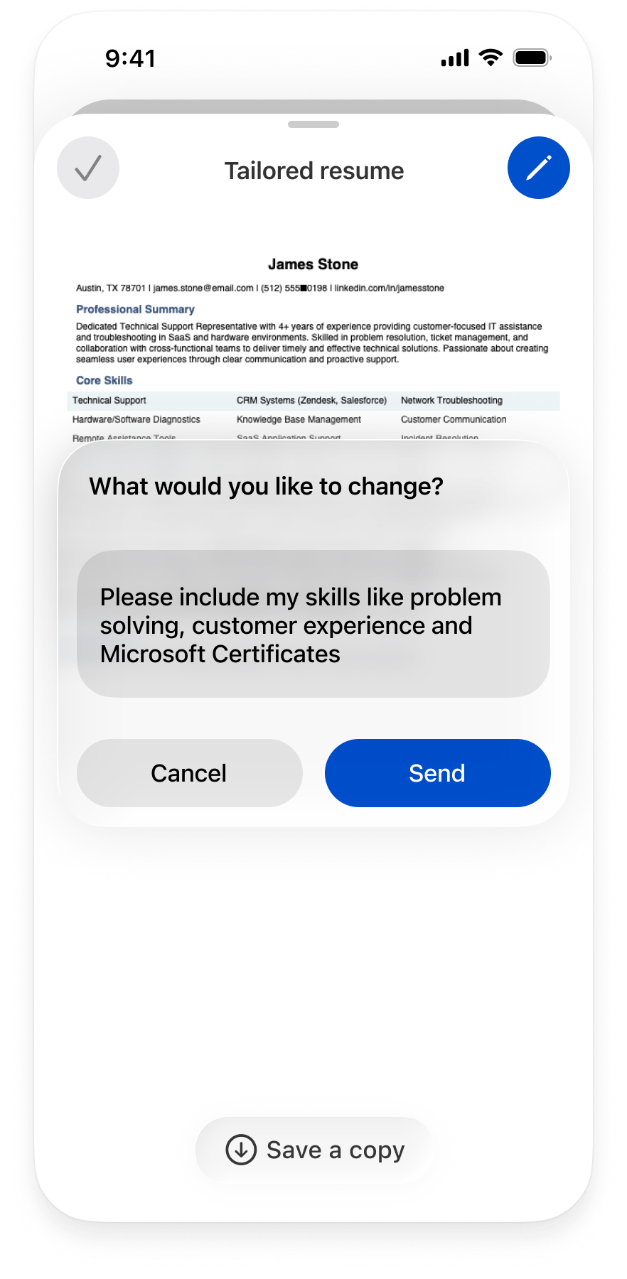 A What would you like to change prompt with a written request and Cancel and Send actions