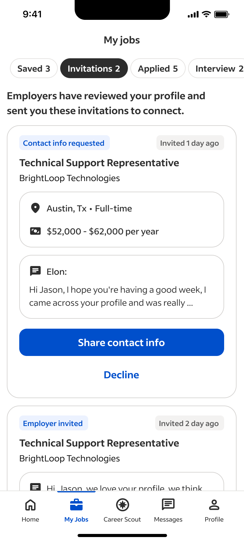Existing My jobs employer invitation with actions to share contact information or decline