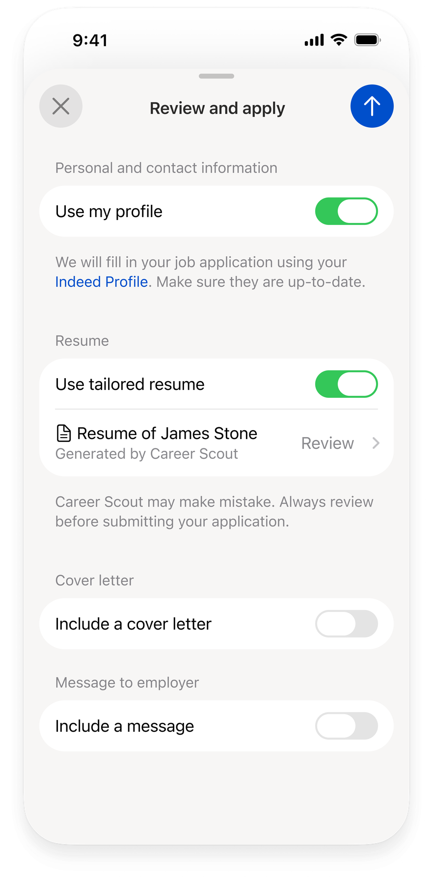 Application review sheet with profile and tailored résumé selected, a résumé review link, and optional cover letter and employer message