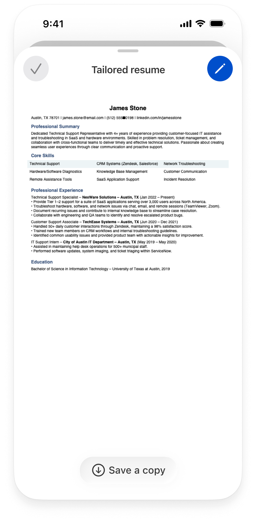 Tailored résumé preview with an edit control and Save a copy action