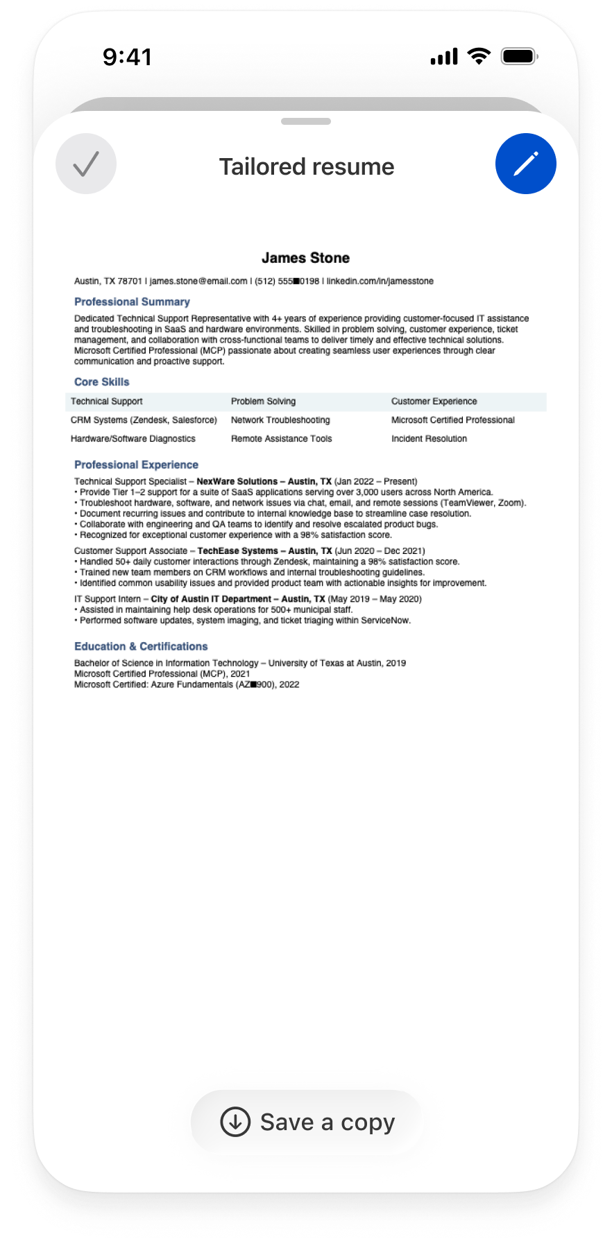 Updated tailored résumé with revised skills and certifications