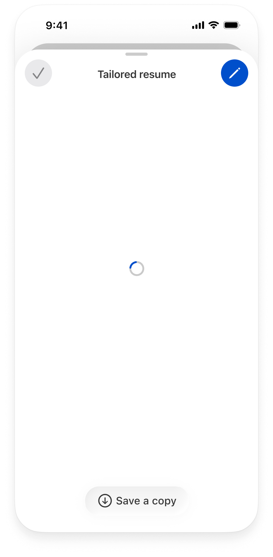 Tailored résumé screen showing a loading indicator while the résumé updates