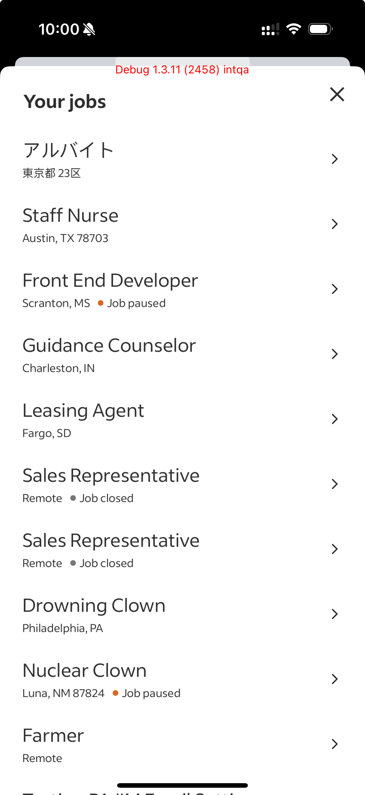 Archived job picker listing many vacancies, including two Sales Representative jobs and paused and closed jobs