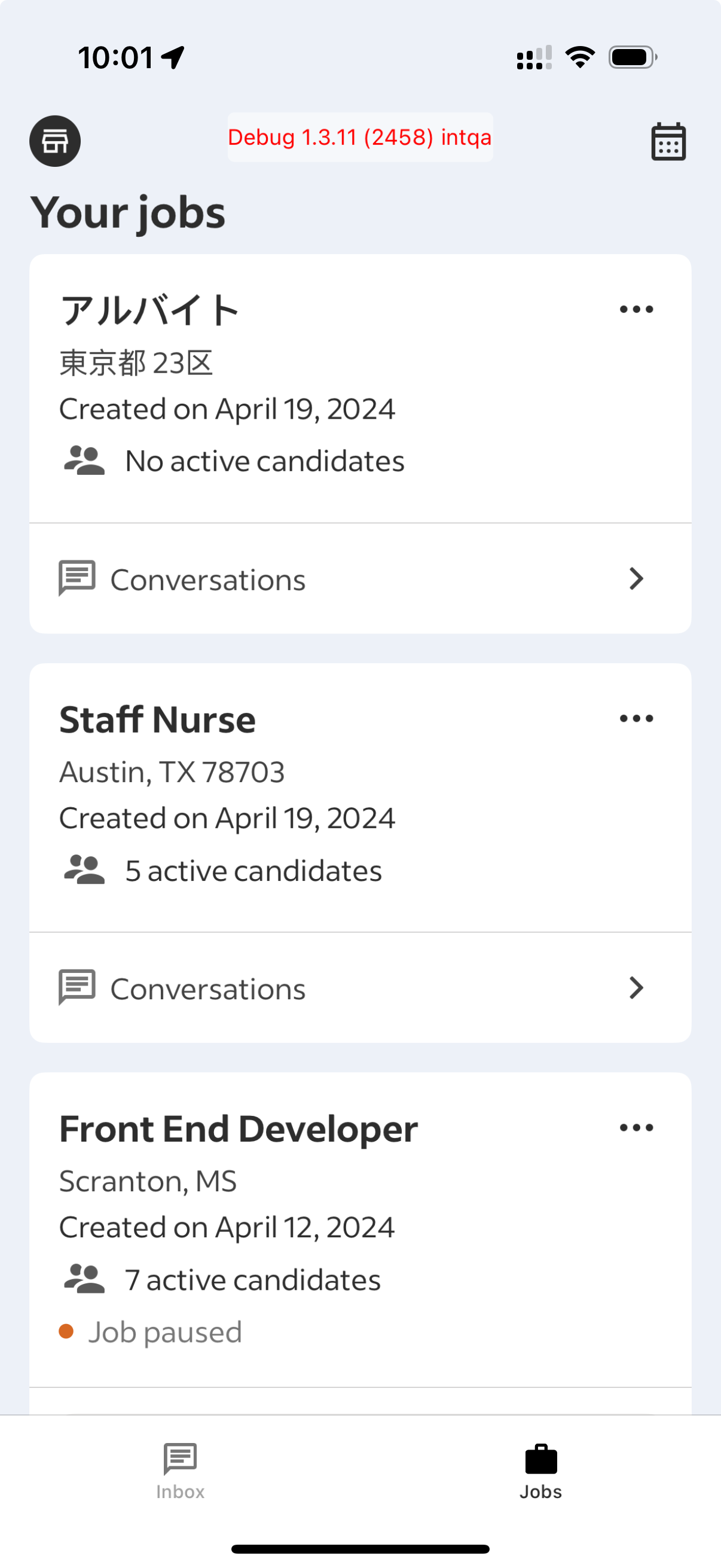 MVP Your jobs screen showing vacancies, candidate counts, conversations, and mixed job statuses