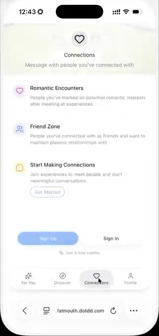 Flicker Connections empty state explaining Romantic Encounters, Friend Zone and how to start making connections, with optional sign-up controls