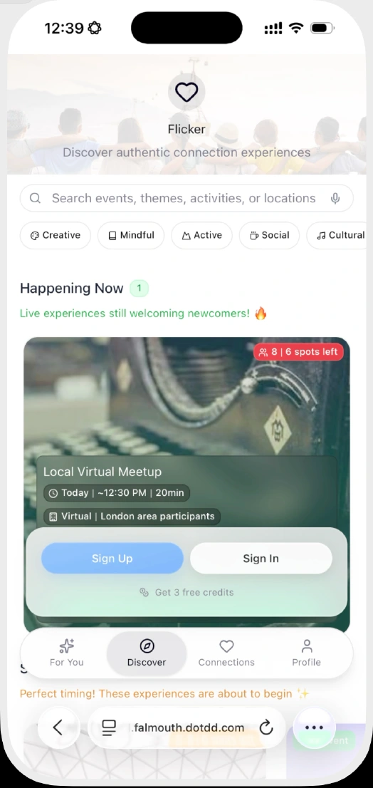 The Flicker Discover screen showing events and categories before sign-up