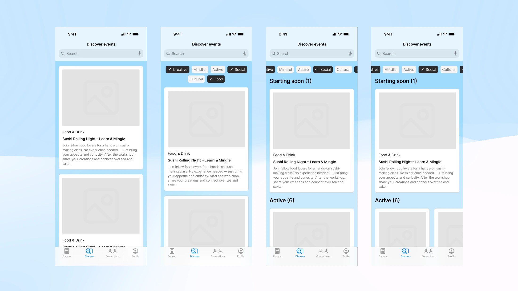 Multiple versions of Flicker's discovery screens arranged for comparison