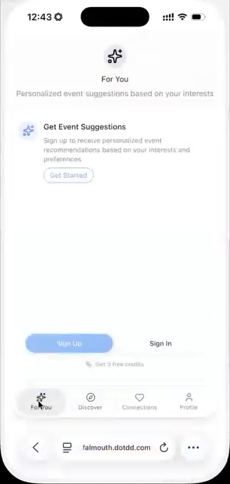 Flicker For You empty state explaining personalised event suggestions, with Get Started and optional sign-up controls