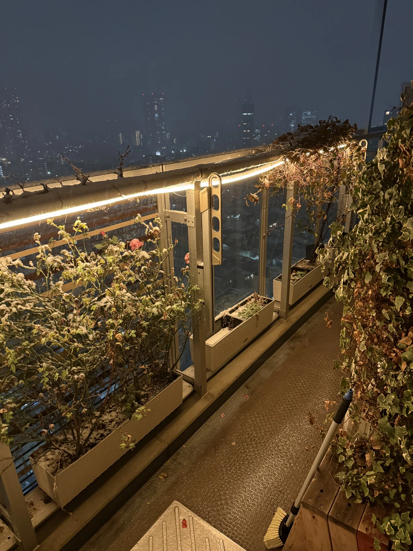 Snow dusting balcony plants and planters beside a warm strip light at night