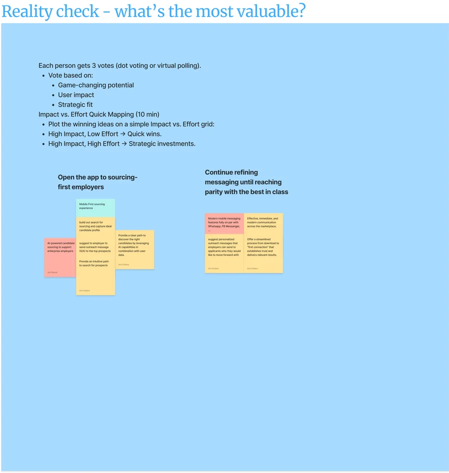 Original FigJam Reality check panel with voting instructions and two shortlisted themes