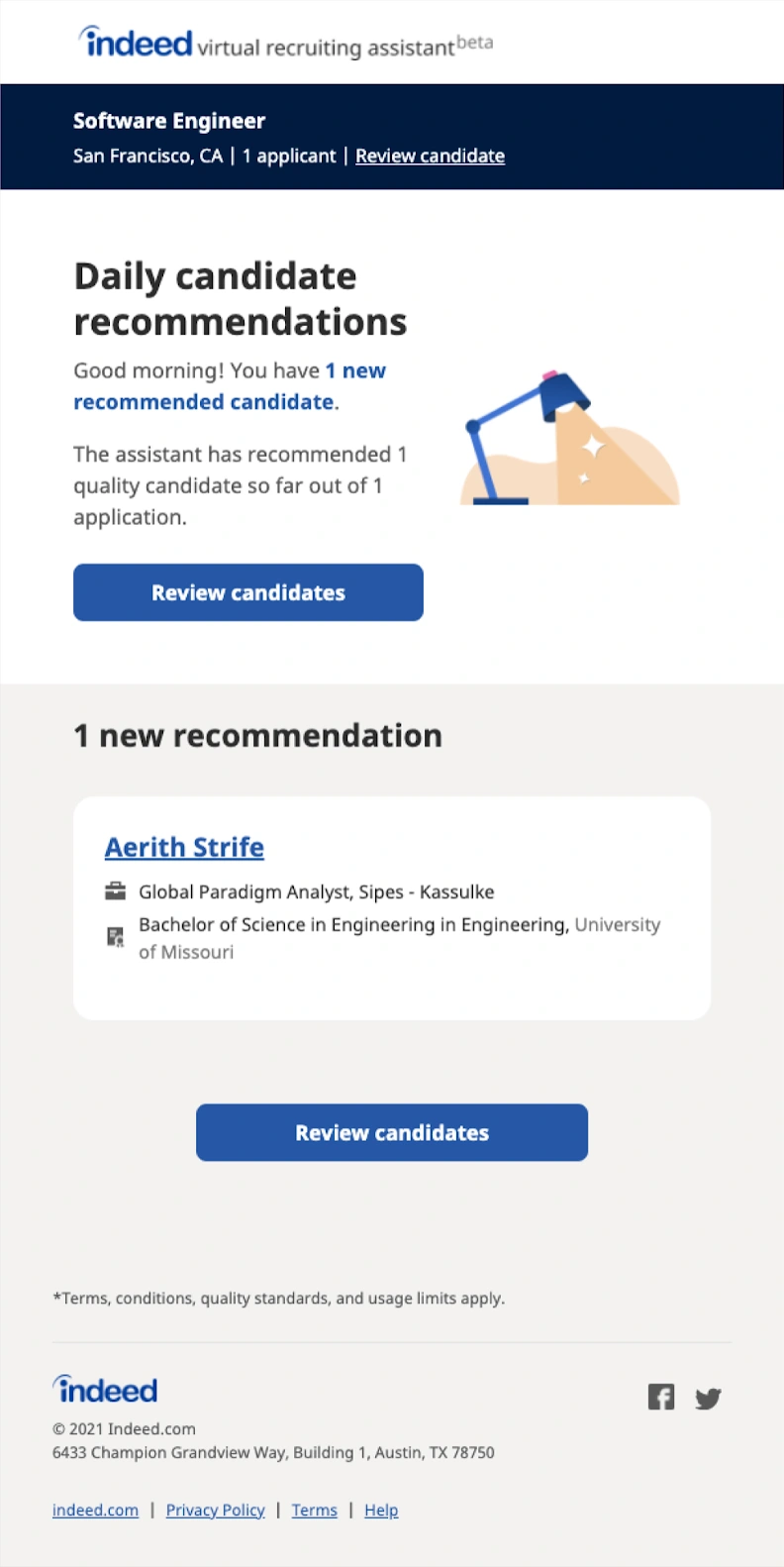 Original daily candidate recommendations email with a recommendation, candidate summary, and Review candidates actions