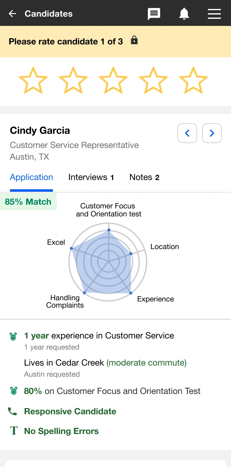 Original Prototype 1 screen asking the employer to rate candidate 1 of 3 with five stars, above a candidate profile and match chart