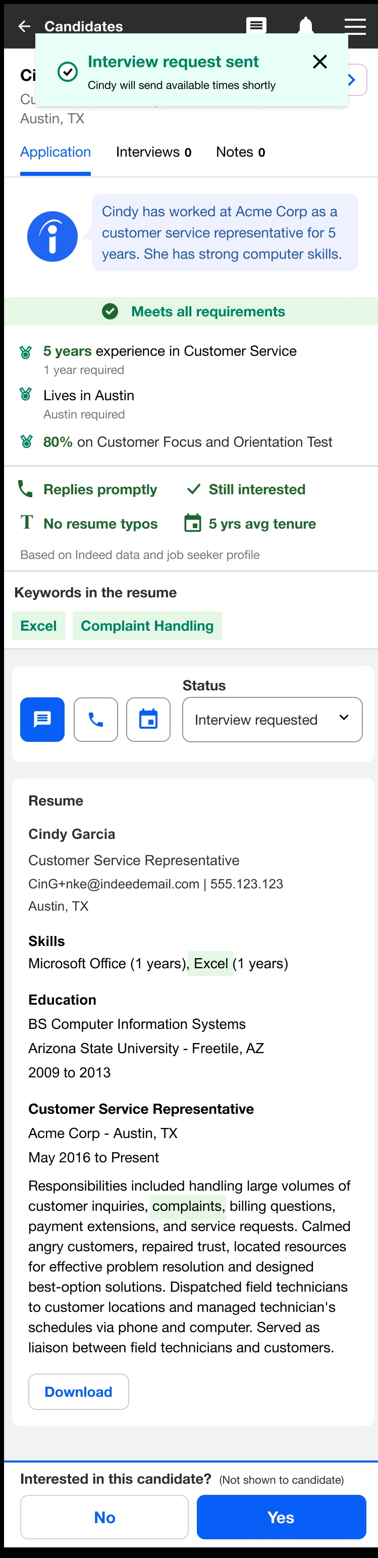 Mobile candidate review with matching requirements and interview actions