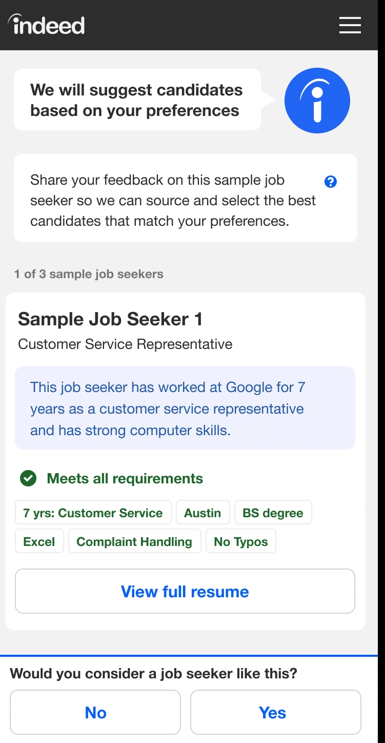 Mobile preference feedback asking whether an example candidate is a good fit