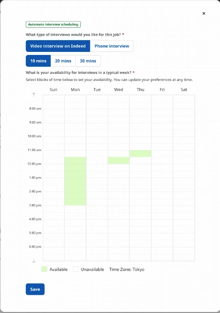 Original Virtual Recruiter scheduling dialog with interview type, duration, and weekly availability controls