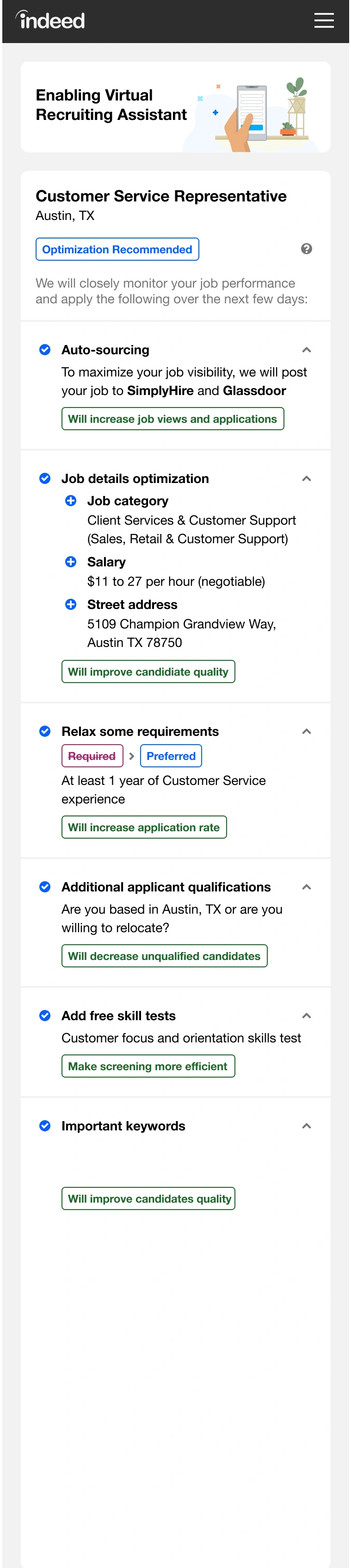 First prototype listing proposed sourcing, job-detail, and requirement changes with explanations