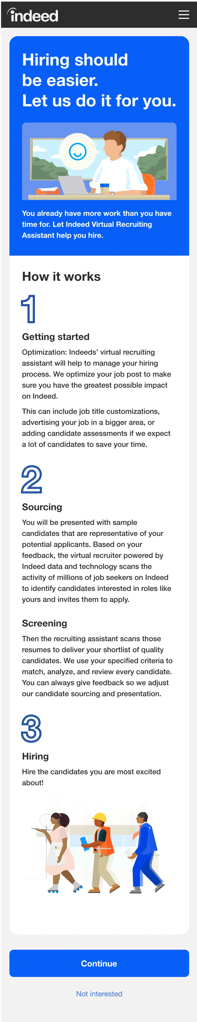 First prototype introduction explaining how the assistant helps with getting started, sourcing, screening, and hiring