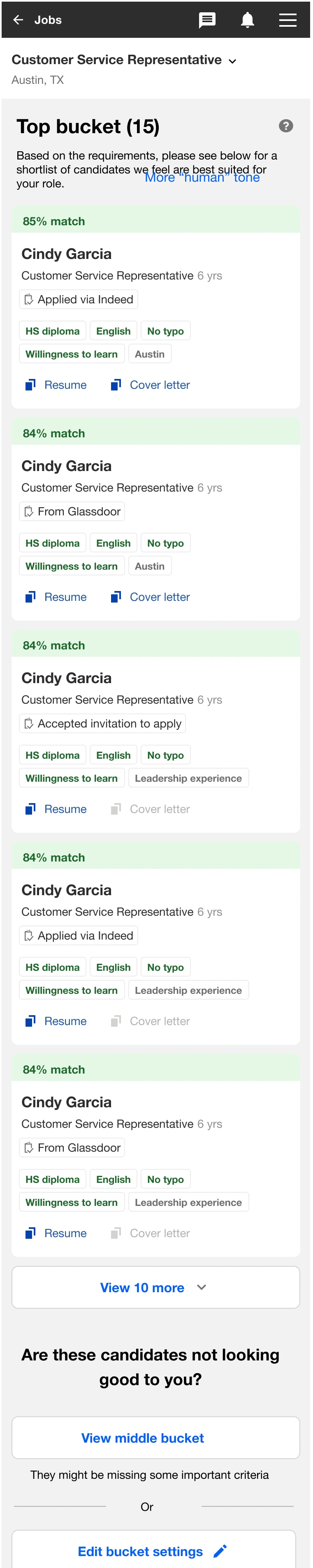 First prototype shortlist showing candidate cards, match information, and links to resumes and cover letters