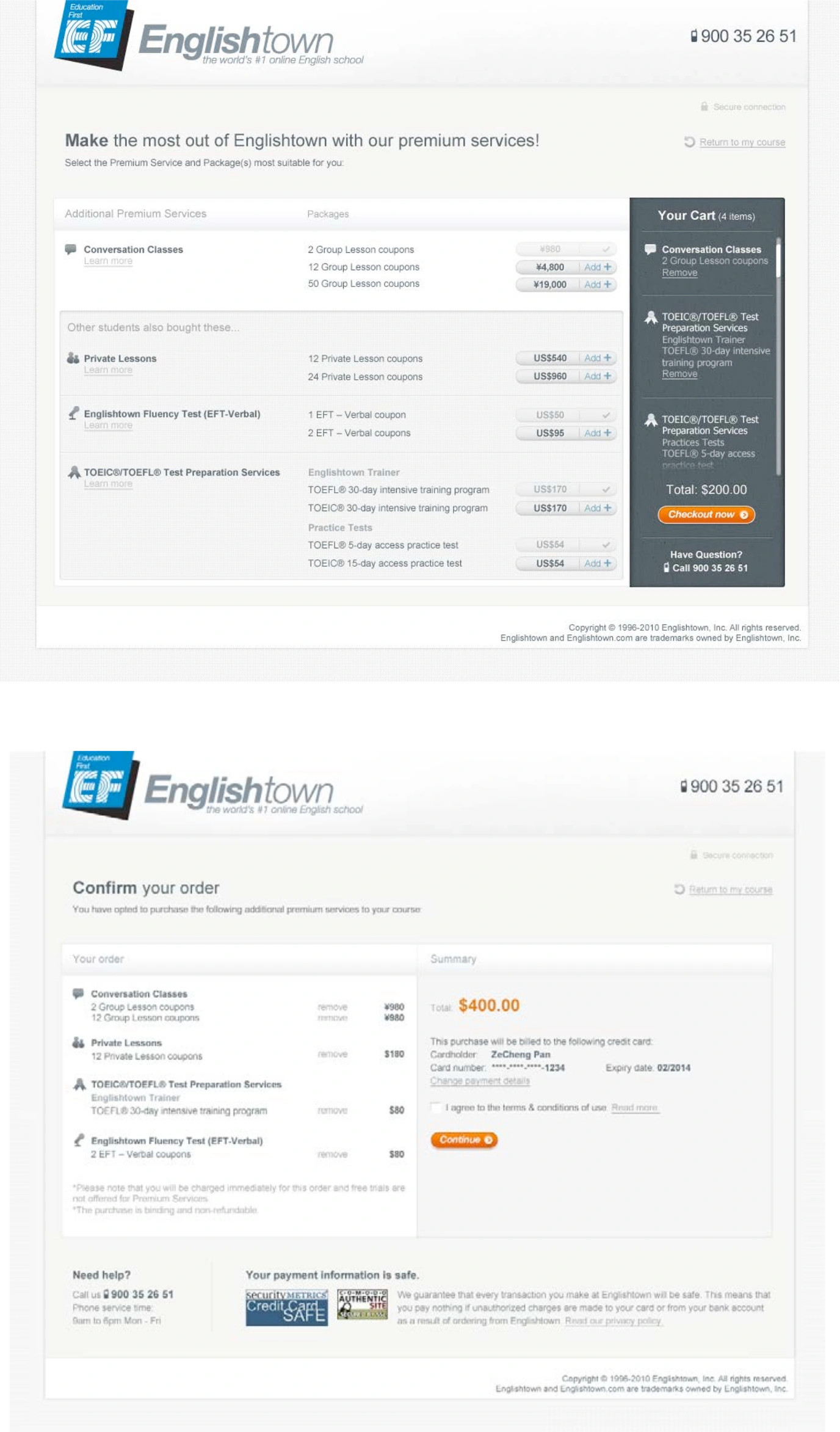 School upgrades: EF / School up-sell screens, view 2 of 2